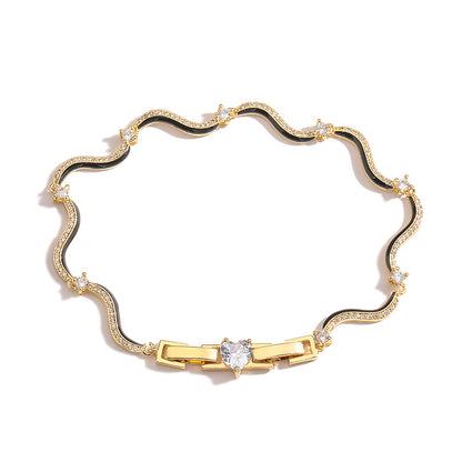 Elegant Sweet Simple Style Waves Heart Shape Copper Enamel Plating Inlay Zircon 18k Gold Plated Bracelets Necklace
