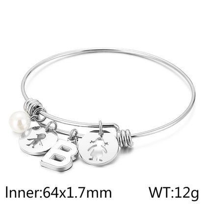 Simple Style Human Letter Titanium Steel Pearl Hollow Out Inlay Shell Bangle