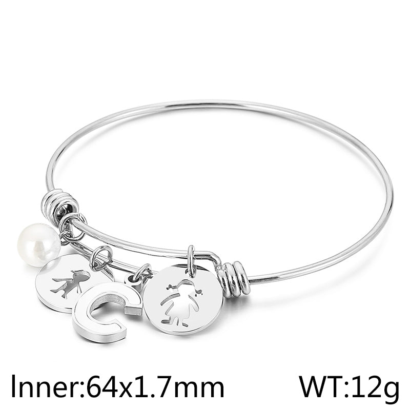 Simple Style Human Letter Titanium Steel Pearl Hollow Out Inlay Shell Bangle