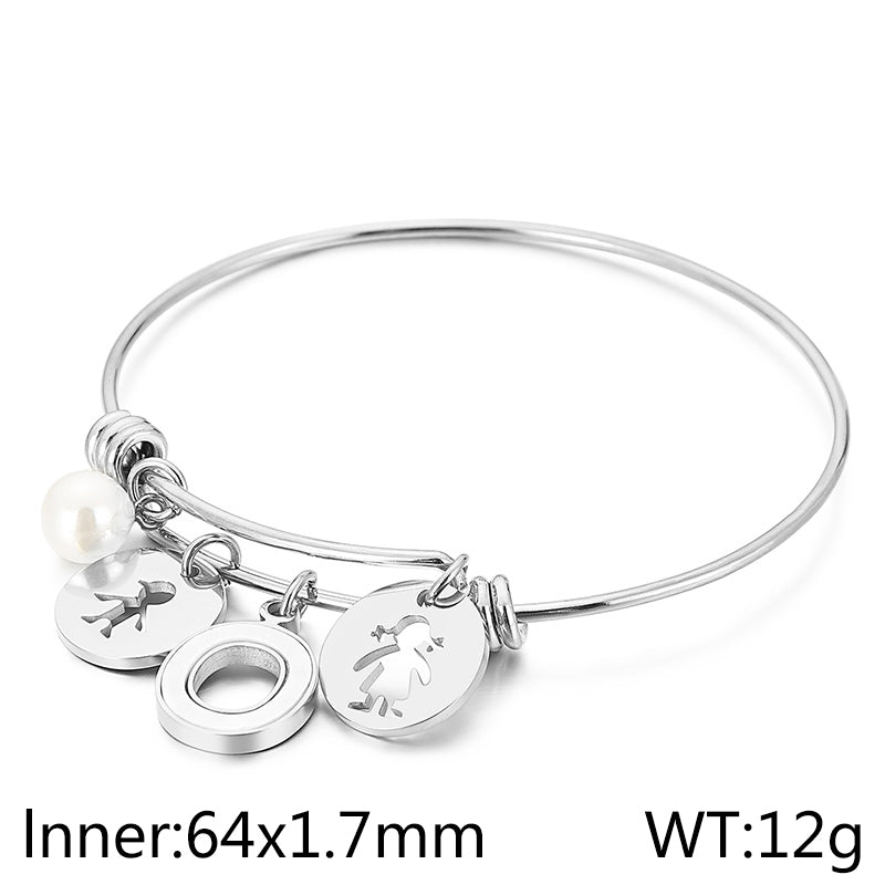 Simple Style Human Letter Titanium Steel Pearl Hollow Out Inlay Shell Bangle