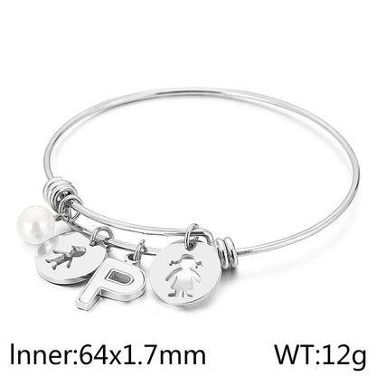 Simple Style Human Letter Titanium Steel Pearl Hollow Out Inlay Shell Bangle