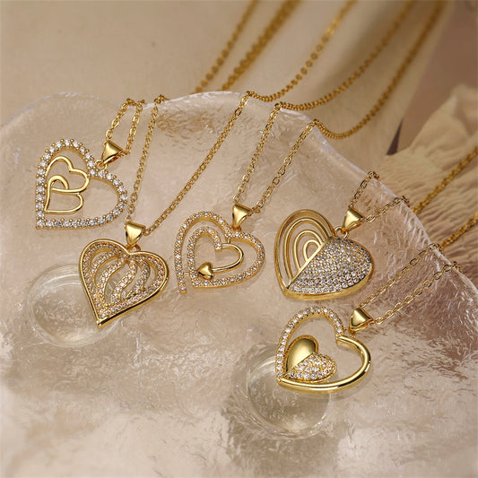 Ig Style Simple Style Heart Shape Copper Plating Inlay Zircon Gold Plated Pendant Necklace