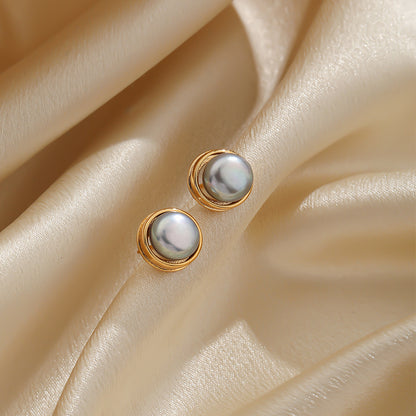 1 Pair Elegant Baroque Style Round Plating Inlay Copper Natural Stone Freshwater Pearl 18k Gold Plated Ear Studs