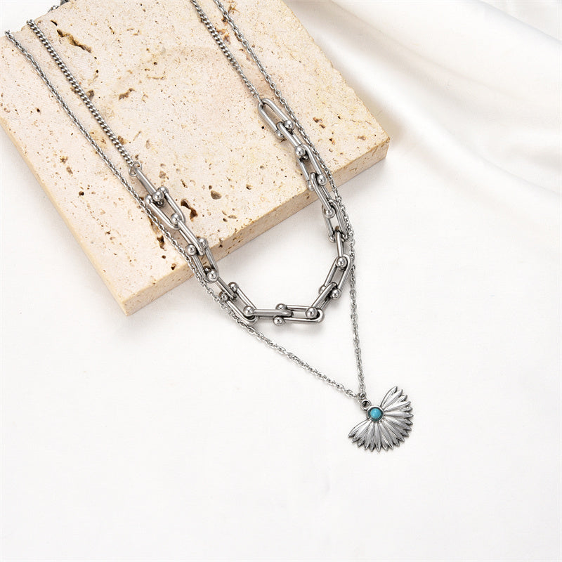 Casual Hip-hop Sector Oval Stainless Steel Plating Inlay Turquoise Gold Plated Double Layer Necklaces