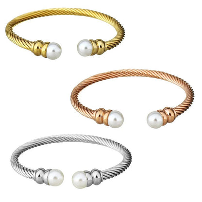 Simple Style Geometric Stainless Steel Plating Inlay Artificial Pearls Gold Plated Twisted Cable Bracele Bangle