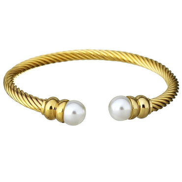 Simple Style Geometric Stainless Steel Plating Inlay Artificial Pearls Gold Plated Twisted Cable Bracele Bangle