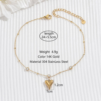 Simple Style Classic Style Round Heart Shape Stainless Steel Beaded Plating Inlay Zircon 14k Gold Plated Bracelets Anklet