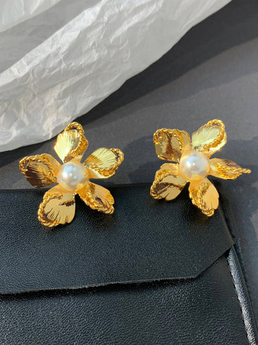 1 Pair Retro Flower Inlay Alloy Pearl Ear Studs