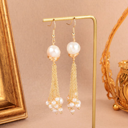 1 Pair Elegant Shiny Geometric Tassel Tassel Plating Inlay Copper Pearl Zircon 18k Gold Plated Drop Earrings