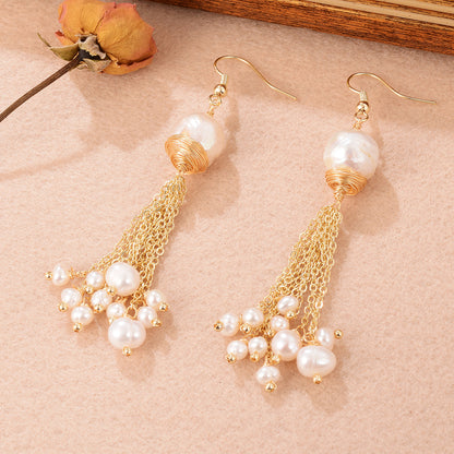 1 Pair Elegant Shiny Geometric Tassel Tassel Plating Inlay Copper Pearl Zircon 18k Gold Plated Drop Earrings