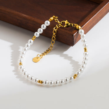 Elegant Classic Style Round Stainless Steel Shell Pearls Beaded Plating 18k Gold Plated Women's Bracelets Necklace