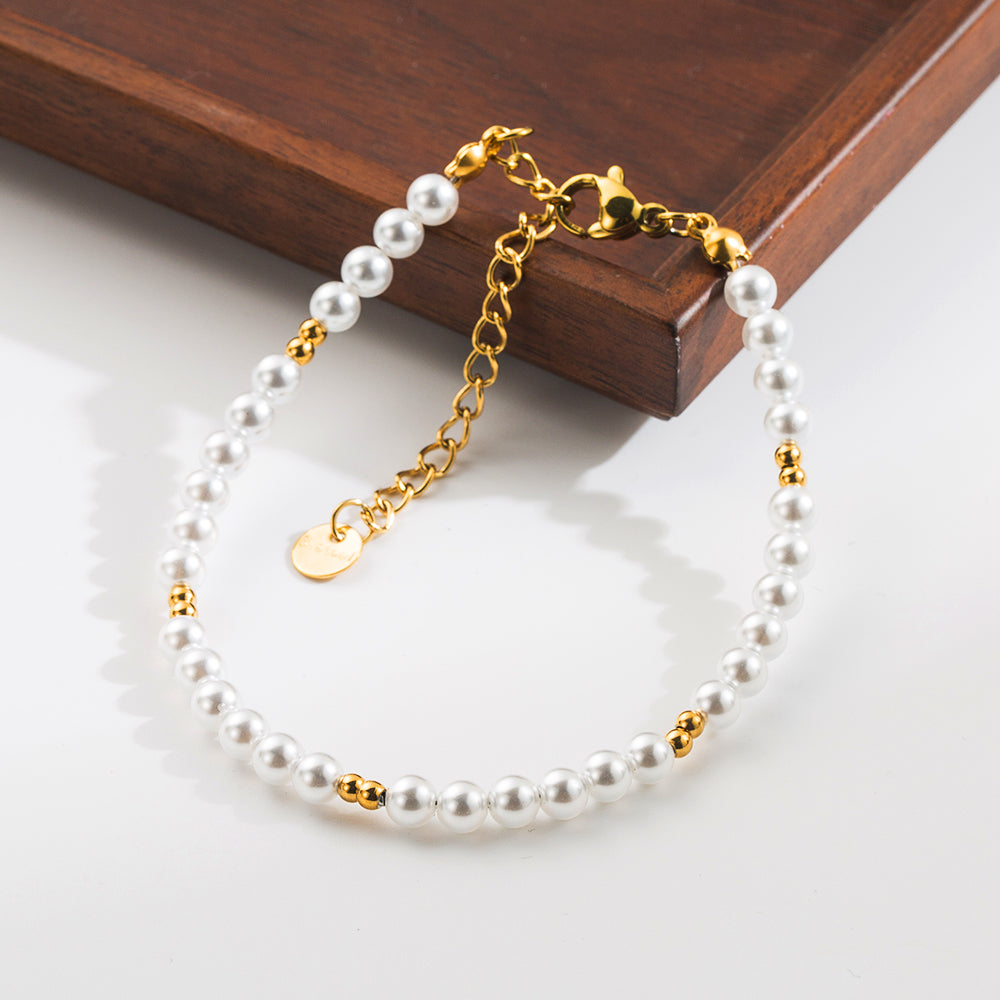 Elegant Classic Style Round Stainless Steel Shell Pearls Beaded Plating 18k Gold Plated Women's Bracelets Necklace