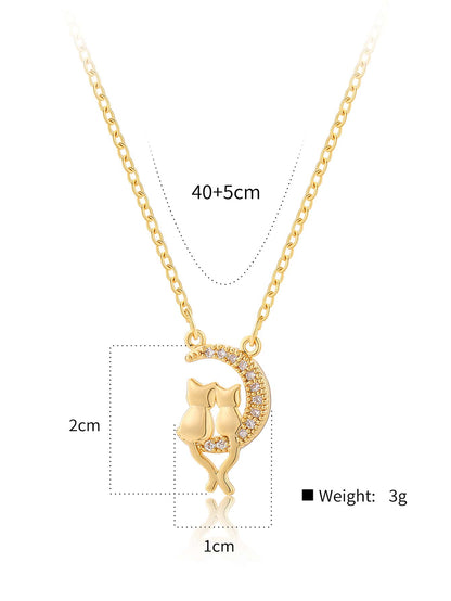 Cute Simple Style Moon Cat Rhombus Copper Plating Inlay Zircon 18k Gold Plated Pendant Necklace