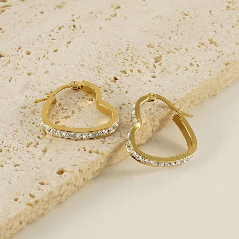 1 Pair Classic Style Heart Shape Plating Inlay Stainless Steel Rhinestones Gold Plated Earrings