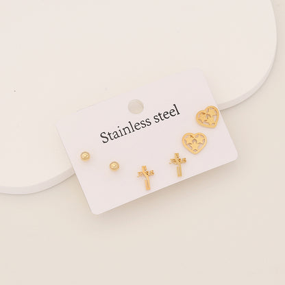 1 Set Simple Style Cross Heart Shape Butterfly Plating Inlay Stainless Steel Rhinestones Ear Studs