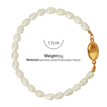 Elegant Formal Simple Style Round Freshwater Pearl Titanium Steel Beaded Plating 18k Gold Plated Bracelets Necklace