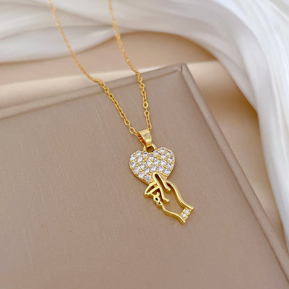 Modern Style Sweet Gesture Heart Shape Titanium Steel Copper Inlay Artificial Gemstones Pendant Necklace