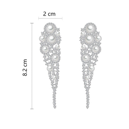 1 Pair Elegant Shiny Geometric Tassel Hollow Out Inlay Copper Artificial Pearls Zircon White Gold Plated Drop Earrings