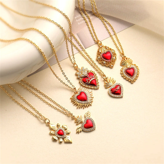 Ig Style Retro Heart Shape Wings Copper Plating Inlay Zircon Gold Plated Pendant Necklace