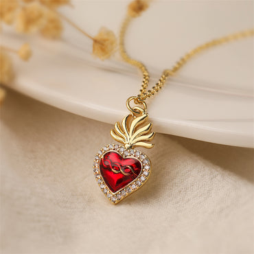 Ig Style Retro Heart Shape Wings Copper Plating Inlay Zircon Gold Plated Pendant Necklace