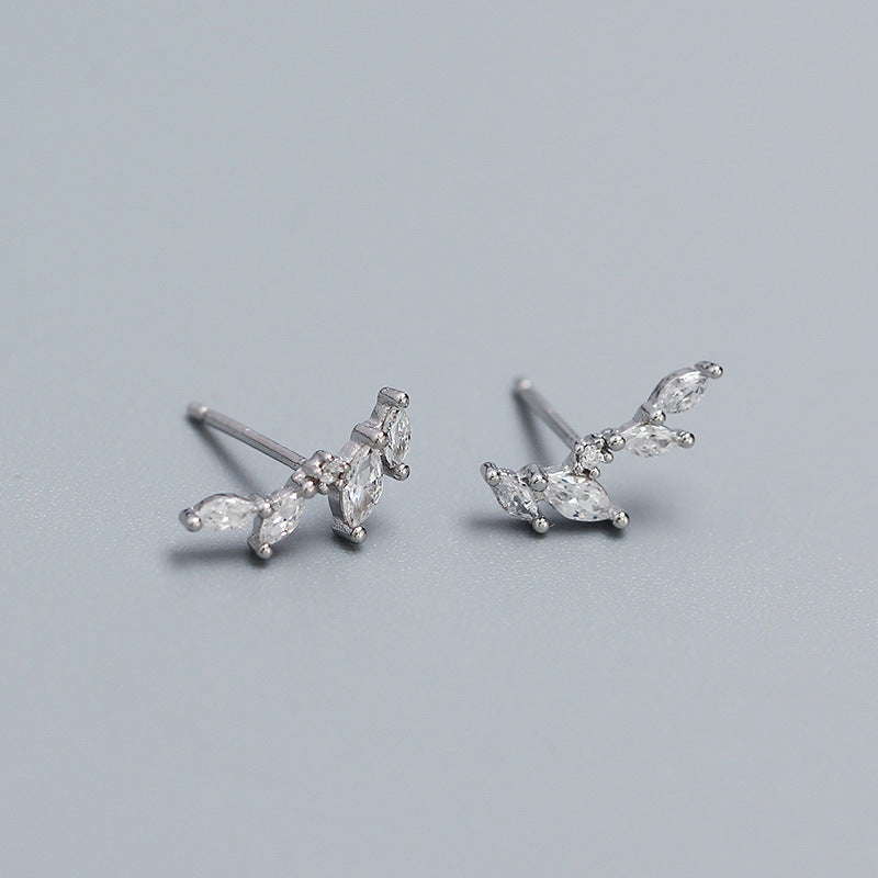 1 Pair Ig Style Leaf Plating Sterling Silver Zircon Ear Studs