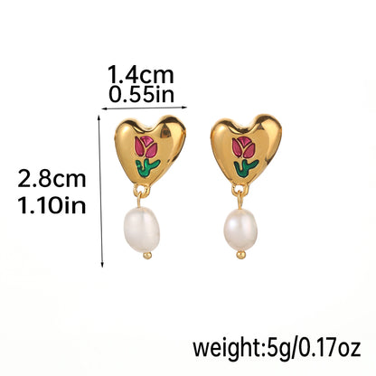 1 Pair Sweet Heart Shape Rose Enamel Hollow Out Freshwater Pearl Copper 18k Gold Plated Drop Earrings