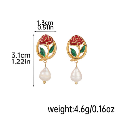 1 Pair Sweet Heart Shape Rose Enamel Hollow Out Freshwater Pearl Copper 18k Gold Plated Drop Earrings