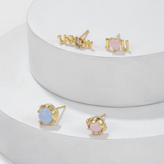 Wholesale Jewelry Sweet Letter Heart Shape Brass Zircon 18k Gold Plated Asymmetrical Ear Studs
