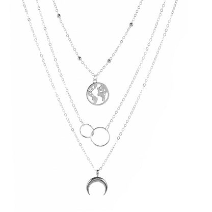 Casual Simple Style Circle Earth Moon Stainless Steel Plating Hollow Out Silver Plated Three Layer Necklace