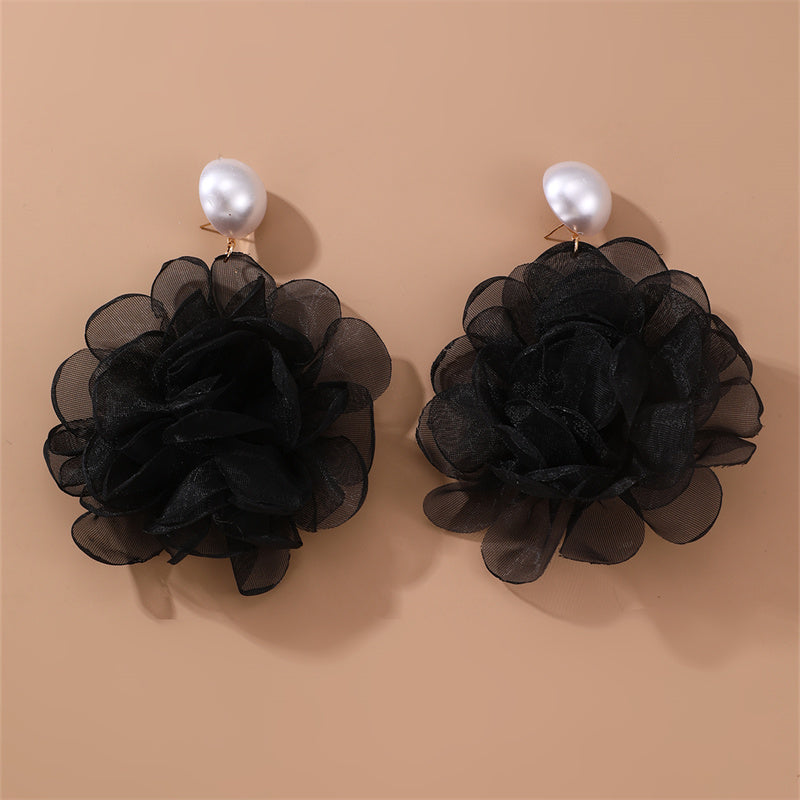 1 Pair Elegant Exaggerated Flower Alloy Cloth Drop Earrings