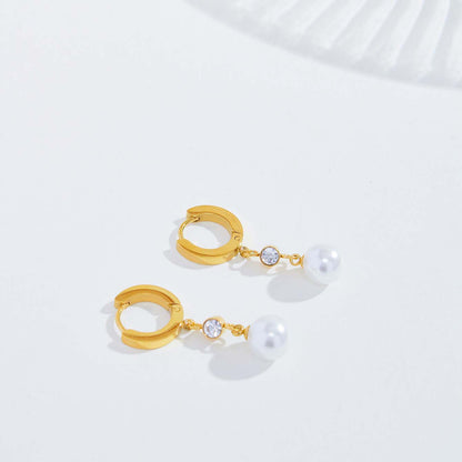 1 Pair Elegant Simple Style Round Plating Inlay Stainless Steel Artificial Pearls Zircon 18k Gold Plated Drop Earrings