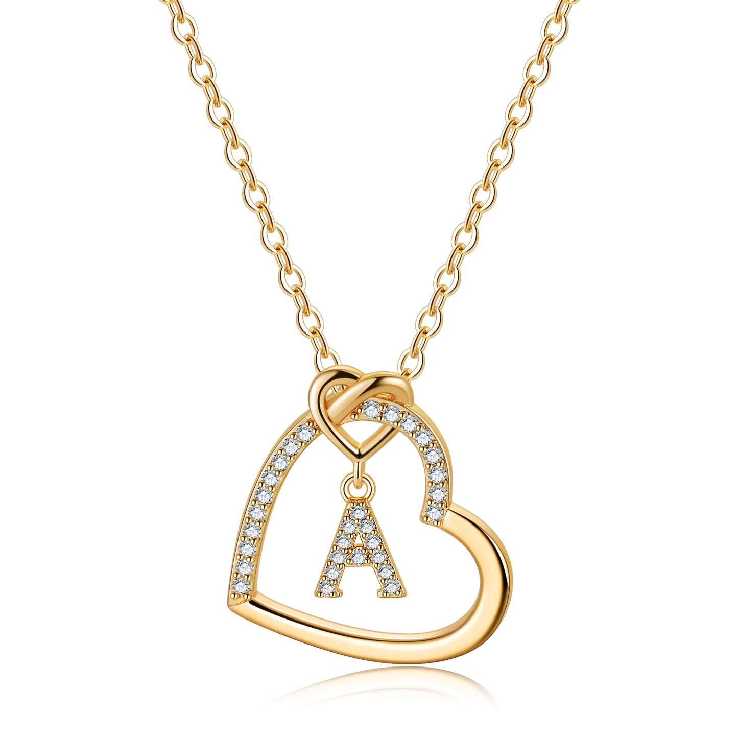 Elegant Letter Heart Shape Copper Plating Inlay Zircon 14k Gold Plated Pendant Necklace