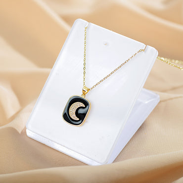 Elegant Moon Copper Enamel Plating Inlay Zircon Gold Plated Pendant Necklace