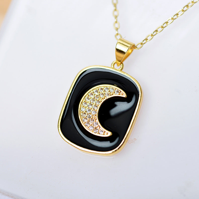 Elegant Moon Copper Enamel Plating Inlay Zircon Gold Plated Pendant Necklace