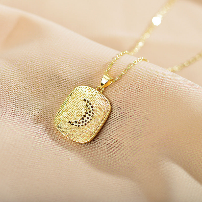 Elegant Moon Copper Enamel Plating Inlay Zircon Gold Plated Pendant Necklace