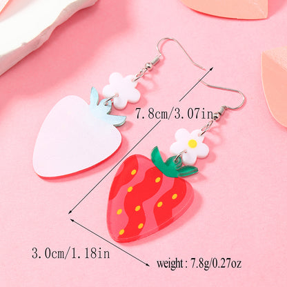 1 Pair Cute Flower Strawberry Painted Arylic Silver Plated Drop Earrings