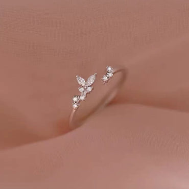 Cute Leaf Copper Plating Inlay Zircon Silver Plated Open Rings