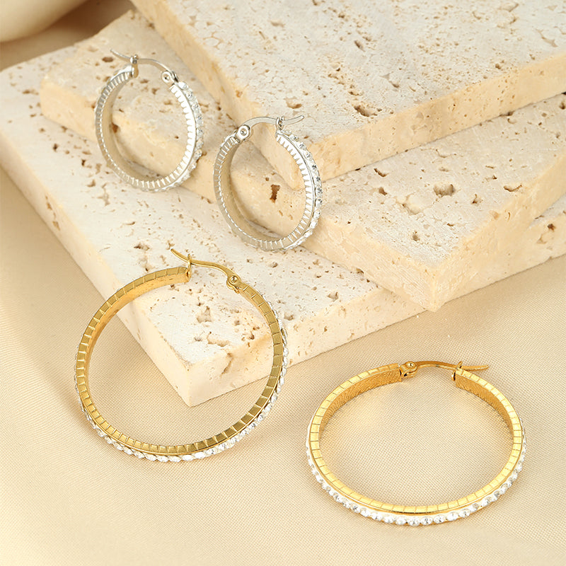 1 Pair Simple Style Classic Style Solid Color Plating Inlay Stainless Steel Artificial Diamond Hoop Earrings