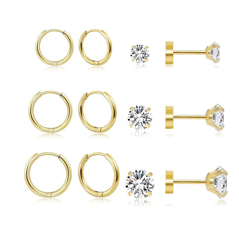 6 Pairs Simple Style Geometric Plating Inlay Stainless Steel Zircon 14k Gold Plated Earrings