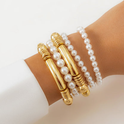 Vintage Style Simple Style Classic Style Irregular Round Ccb Imitation Pearl Thick Women's Bracelets