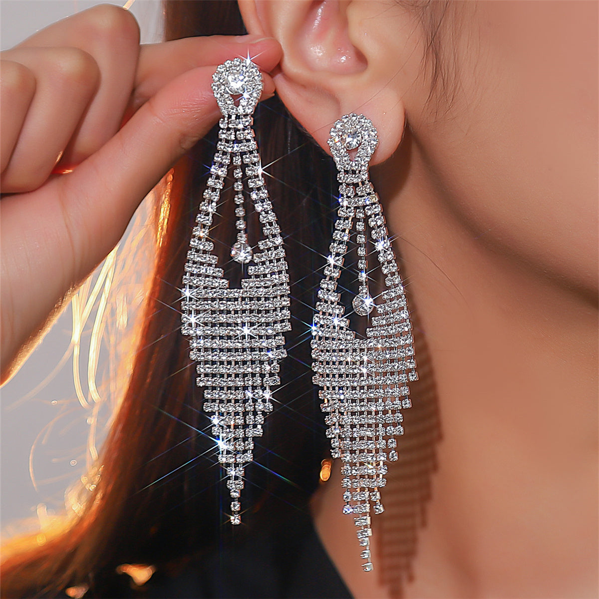 Retro Alloy Rhinestone Tassel Earrings Daily Unset Drop Earrings