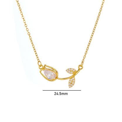 Lady Tulip Stainless Steel Copper Plating Inlay Zircon 18k Gold Plated Necklace