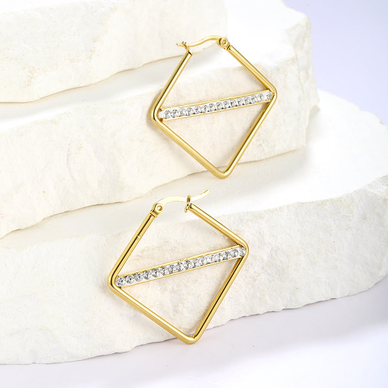 1 Pair Simple Style Classic Style Solid Color Rhombus Plating Inlay Stainless Steel Artificial Diamond Hoop Earrings