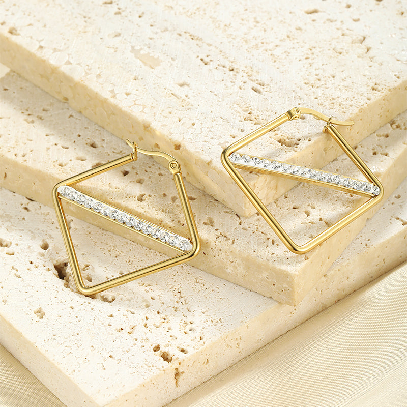 1 Pair Simple Style Classic Style Solid Color Rhombus Plating Inlay Stainless Steel Artificial Diamond Hoop Earrings