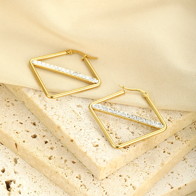 1 Pair Simple Style Classic Style Solid Color Rhombus Plating Inlay Stainless Steel Artificial Diamond Hoop Earrings