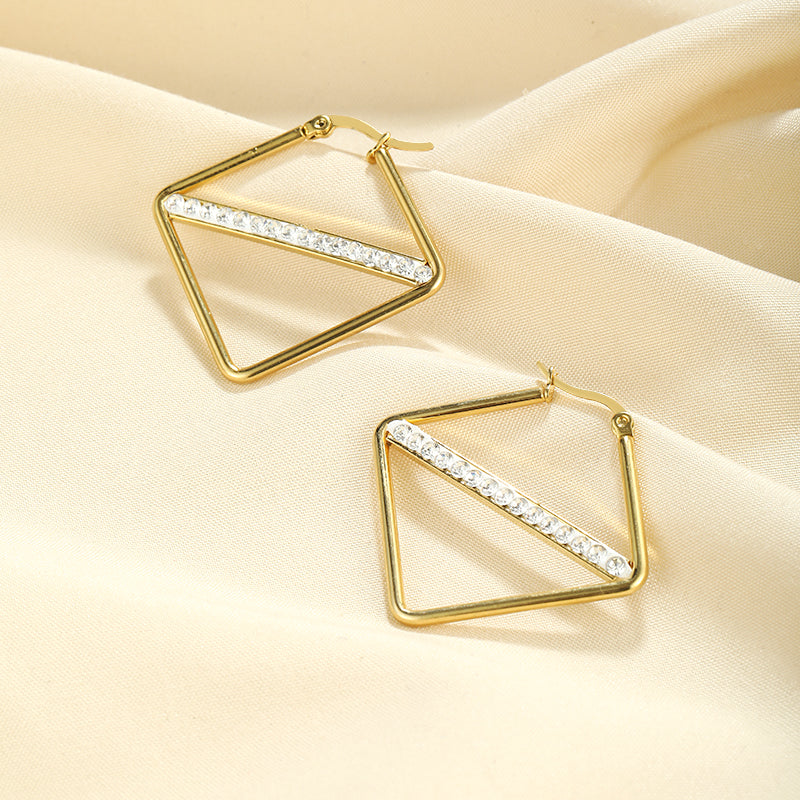 1 Pair Simple Style Classic Style Solid Color Rhombus Plating Inlay Stainless Steel Artificial Diamond Hoop Earrings