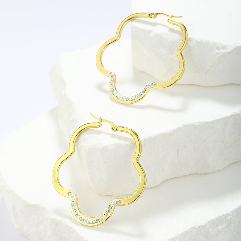 1 Pair Simple Style Classic Style Solid Color Flower Plating Inlay Stainless Steel Artificial Diamond Hoop Earrings