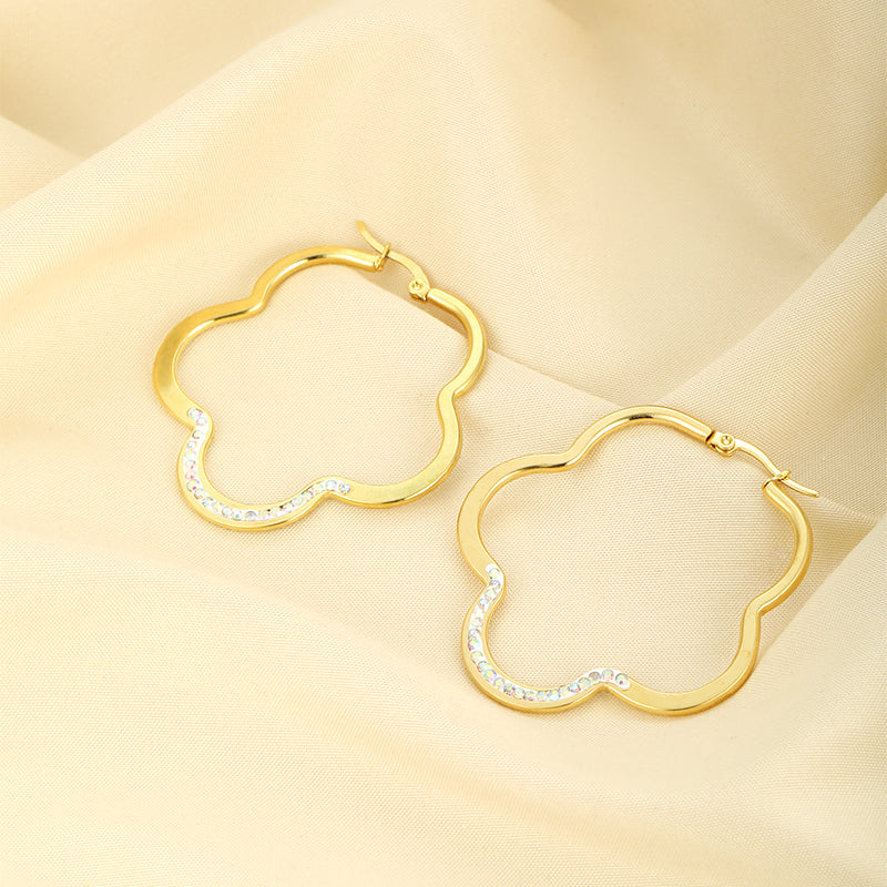 1 Pair Simple Style Classic Style Solid Color Flower Plating Inlay Stainless Steel Artificial Diamond Hoop Earrings