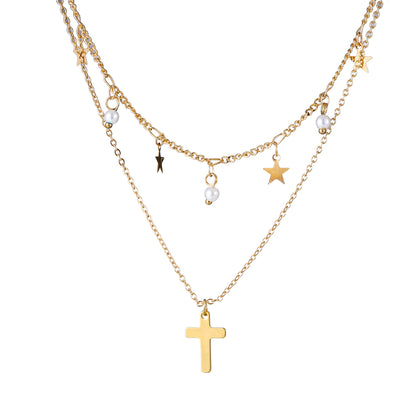 Elegant Vacation Cross Stainless Steel Copper Layered 14k Gold Plated Double Layer Necklaces