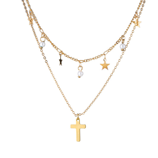 Elegant Vacation Cross Stainless Steel Copper Layered 14k Gold Plated Double Layer Necklaces